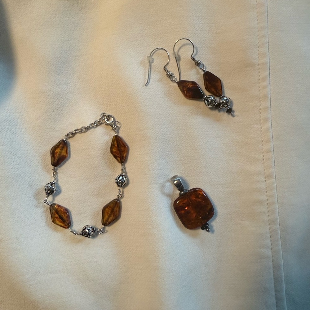 Amber Jewelry Set with Sterling Silver Bead Accents Pendant, Handmade Bracelet